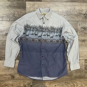 Vintage Cabela’s Deer Forest AOP Deerskin Soft Chamois Button Shirt Men's Large